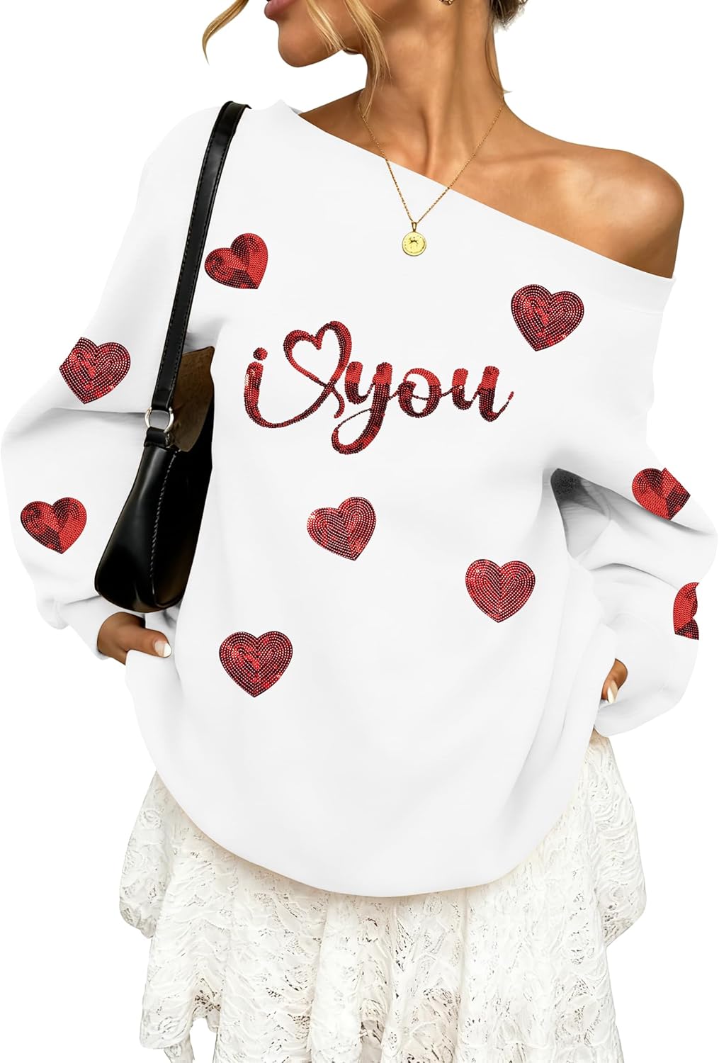 BANGELY Valentines Off Shoulder Sweatshirt Women Love Heart Long Sleeve Shirt Casual Oversized Sweatshirts Fashion Sequin Top
