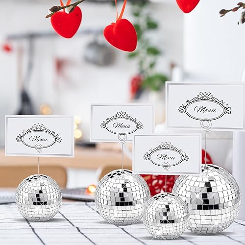 Miniatura 6 de Maitys 60 piezas de soporte para números de mesa de bola de discoteca con alambre en espiral y tarjetas de lugar, decoración de mesa, soporte de