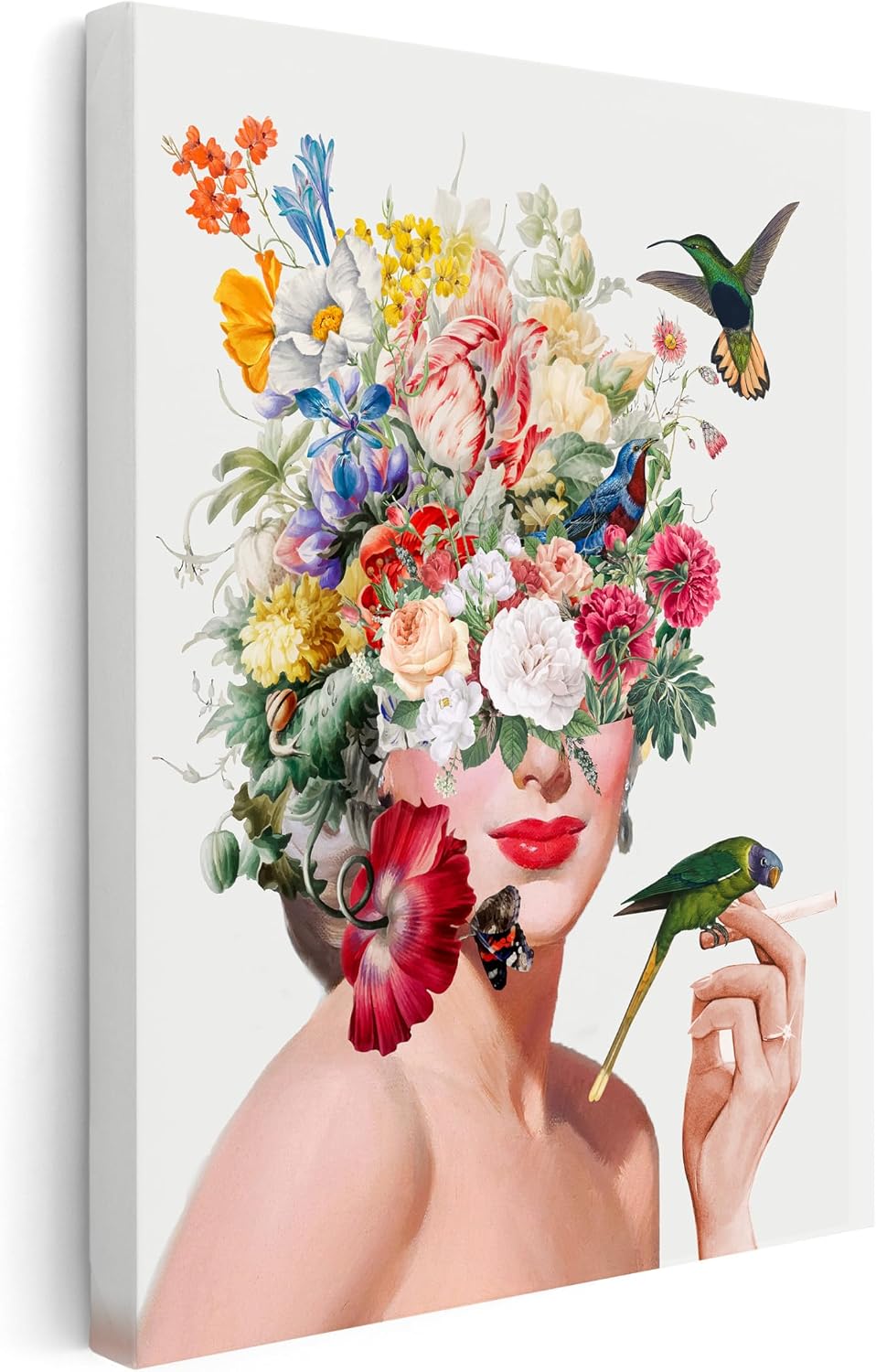 Poster Master Woman Canvas - Retro Flower Print - Bird and Floral Art - Collage Wall Design - Trendy Cigarette Art - Aesthetic Living Room or Dorm Wall Decor - 8x10 STRETCHED Canvas