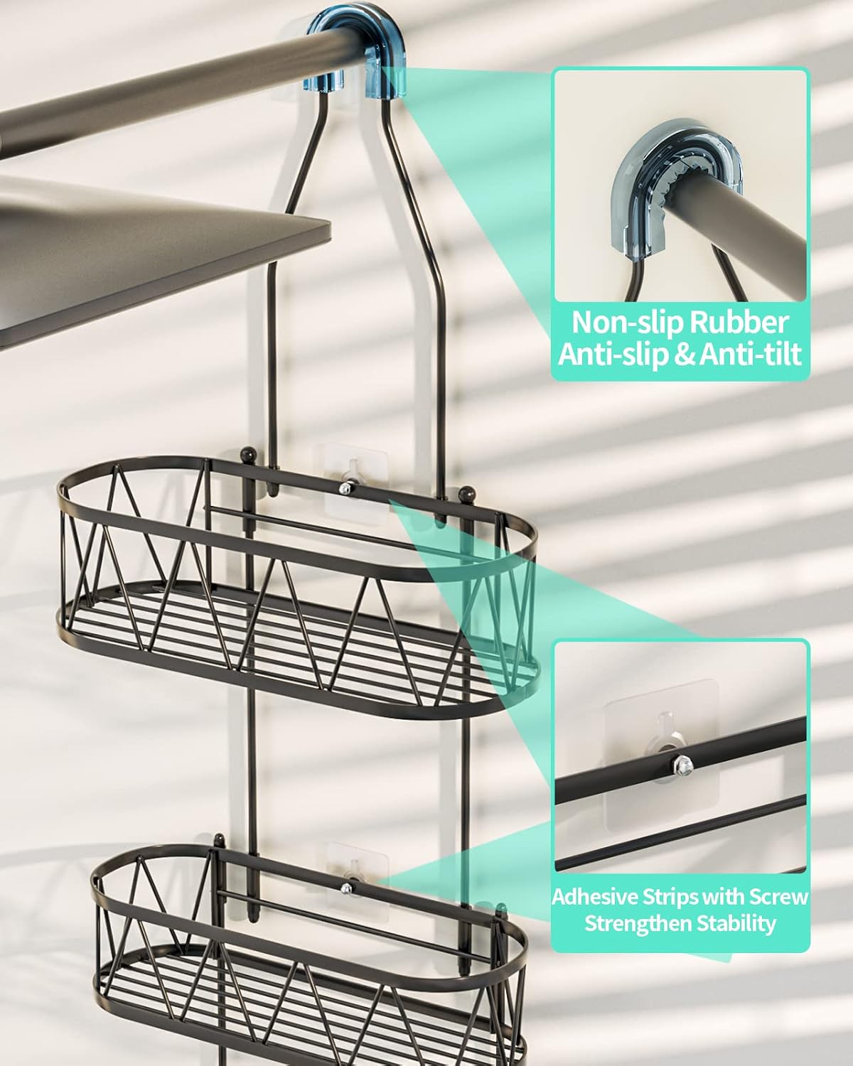 HapiRm Shower Caddy over Shower Head, Rustproof & Waterproof Hanging Shower Caddy with Soap Holder & 4 Hooks, No Drilling Hanging Shower Organizer for Bathroom - Black