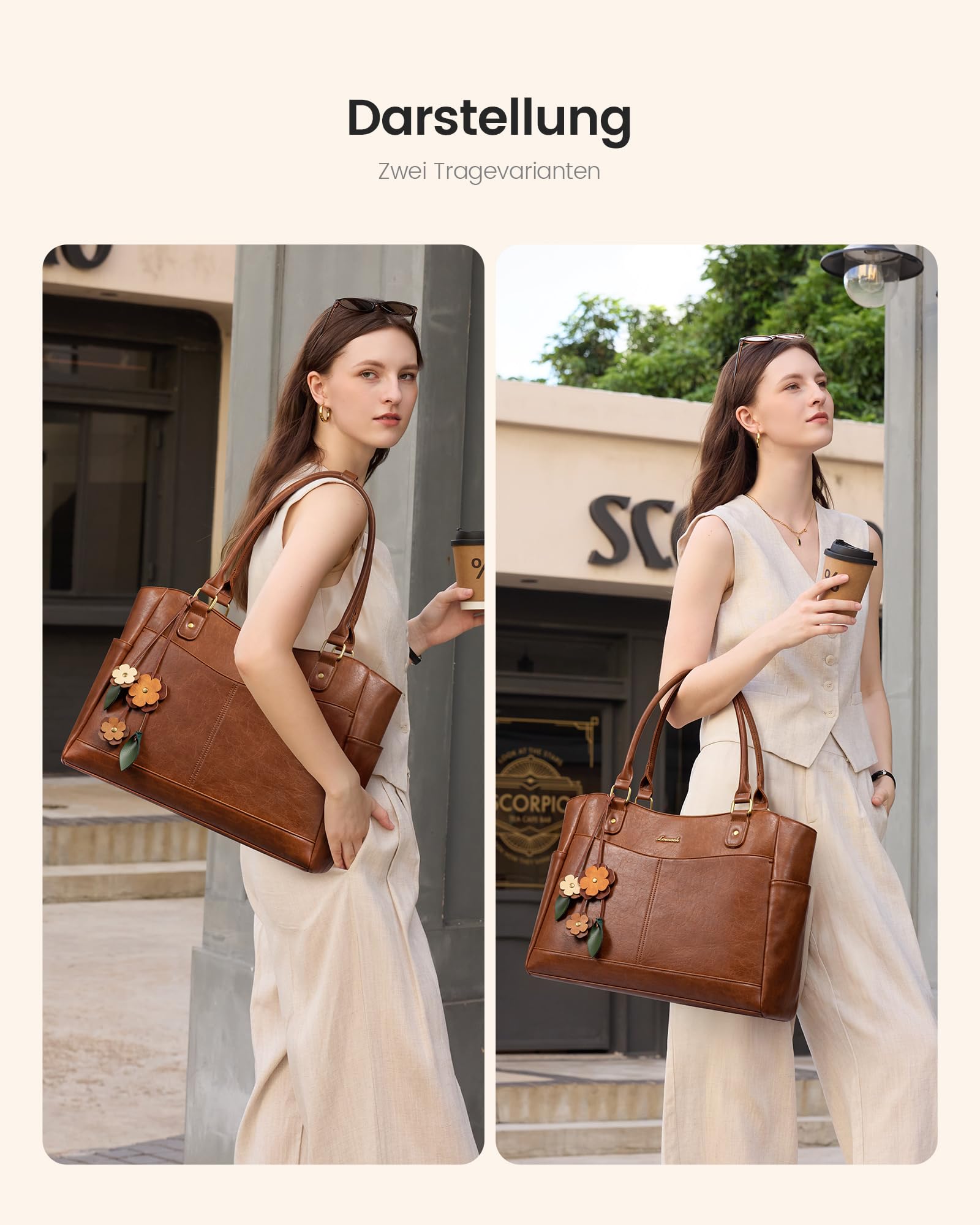 LOVEVOOK Laptoptasche Damen 15,6 Zoll, Arbeitstasche Shopper Tasche Handtasche Groß, Elegant Lehrertasche Tote Bag PU Leder Schultasche Laptop Taschen mit Blumen Anhänger für Business Uni Schule