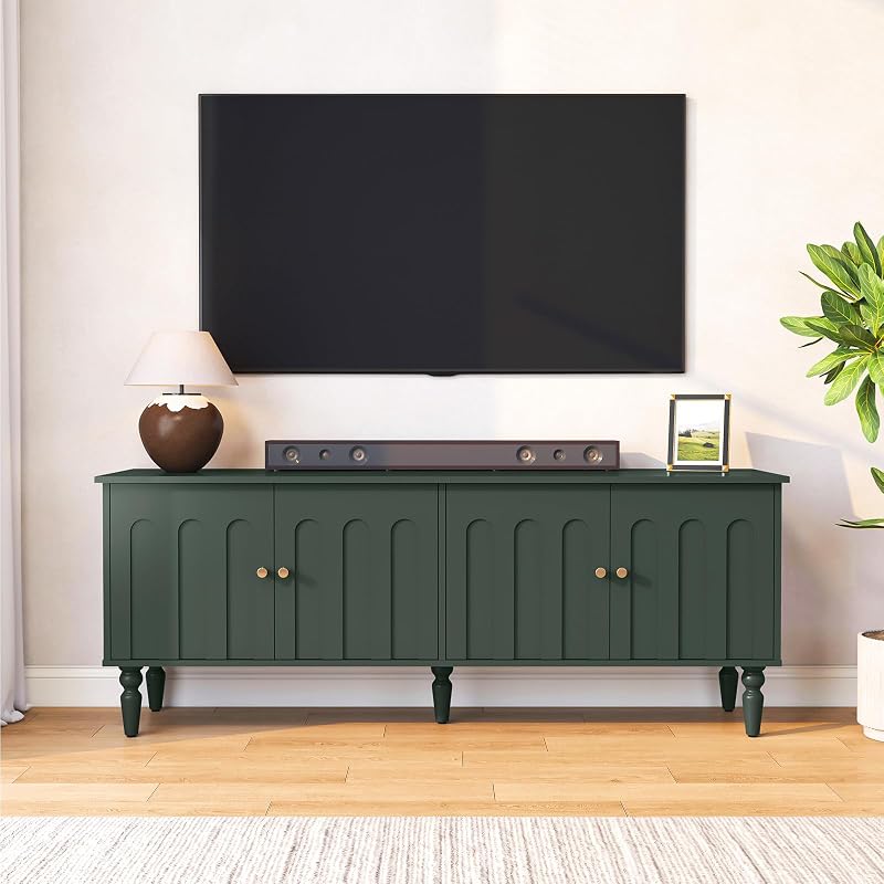 60" Mid-Centry Modern TV Stand with Storage, 4 Cabinet, Green