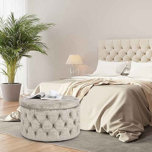 Miniatura 8 de Joveco Otomana redonda de almacenamiento, otomana tapizada con botones y parte superior extraíble, banco de almacenamiento, mesa de café,