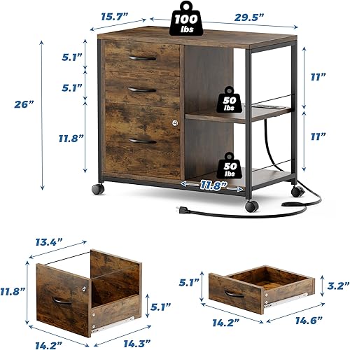 Miniatura 3 de Lulive Archivador marrón de 3 cajones para oficina en casa, con cerradura con puerto de carga USB, rectangular, 3 niveles, recomendación de peso de