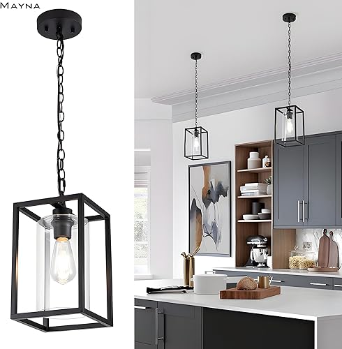 Vista 2 de MAYNA Lámpara colgante de granja de 1 luz, lámparas de jaula de metal negro con cadena ajustable y pantalla de vidrio, luces colgantes para isla