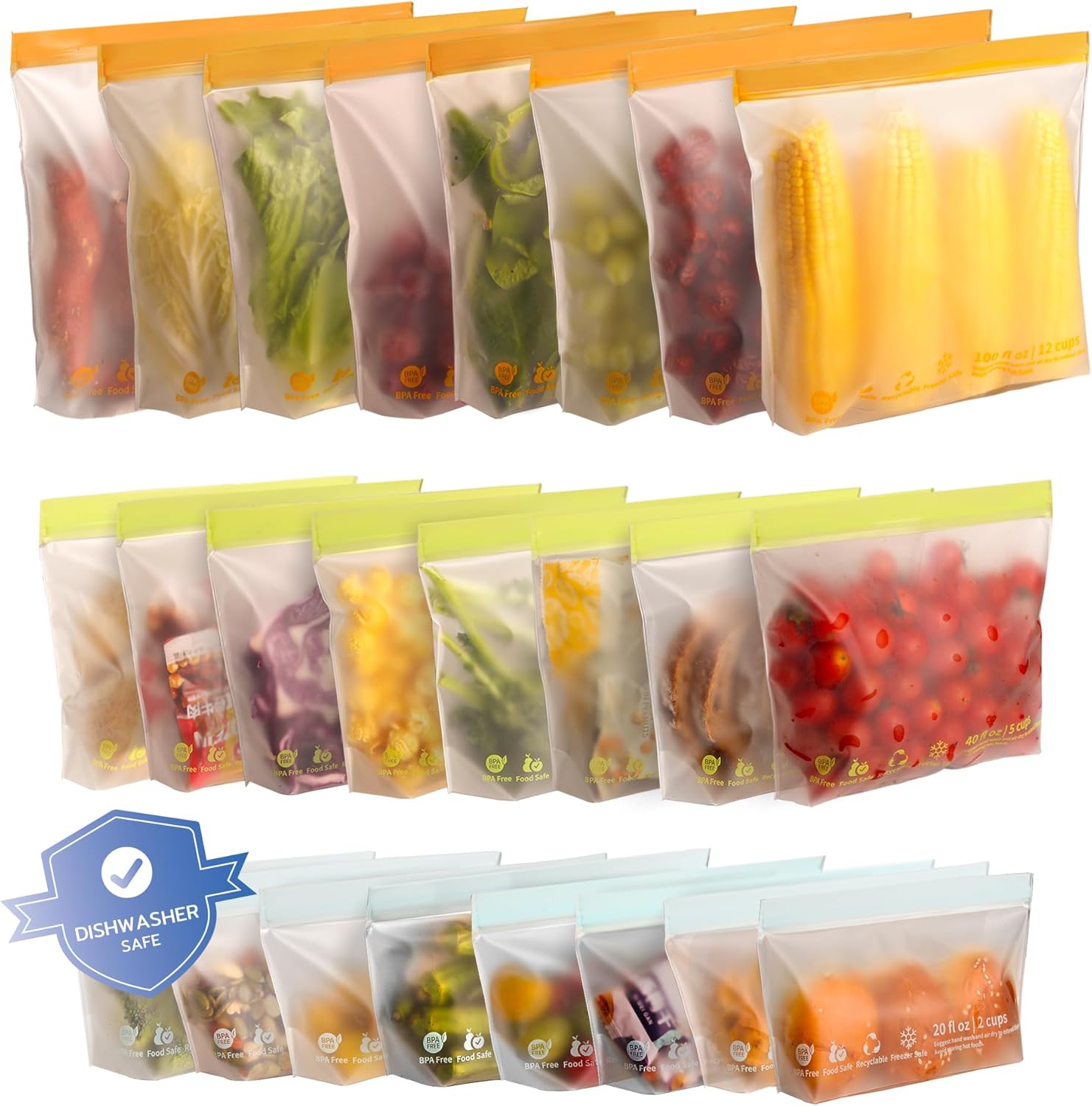 24 Pack BPA-Free Reusable Leakproof Food Storage Bags – Dishwasher Safe