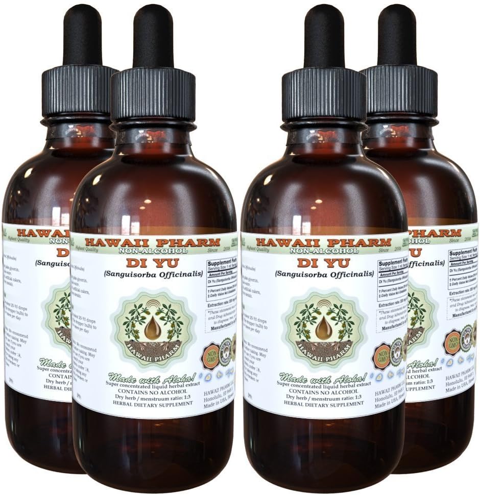 Hawaii Pharm Di Yu Alcohol-Free Liquid Extract, Di Yu, Garden Burnet (Sanguisorba Officinalis) Root Glycerite Natural Herbal Supplement 4x4 oz