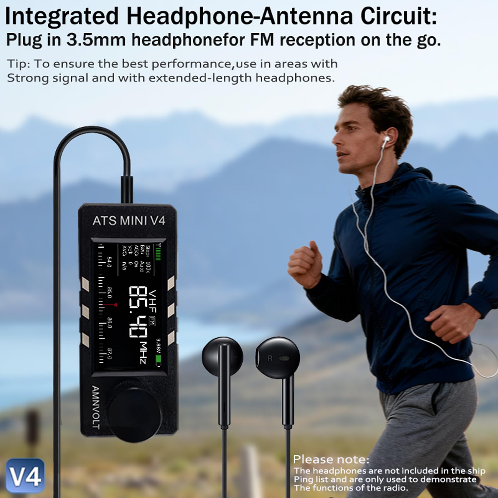 Receptor de Radio portátil Am FM CRGANGZY con Amplificador de Auriculares, Carcasa de plástico y Metal, Mini Radio V4 ATS con Pantalla IPS de 1.9 Pulgadas y DSP Si4732 para Senderismo