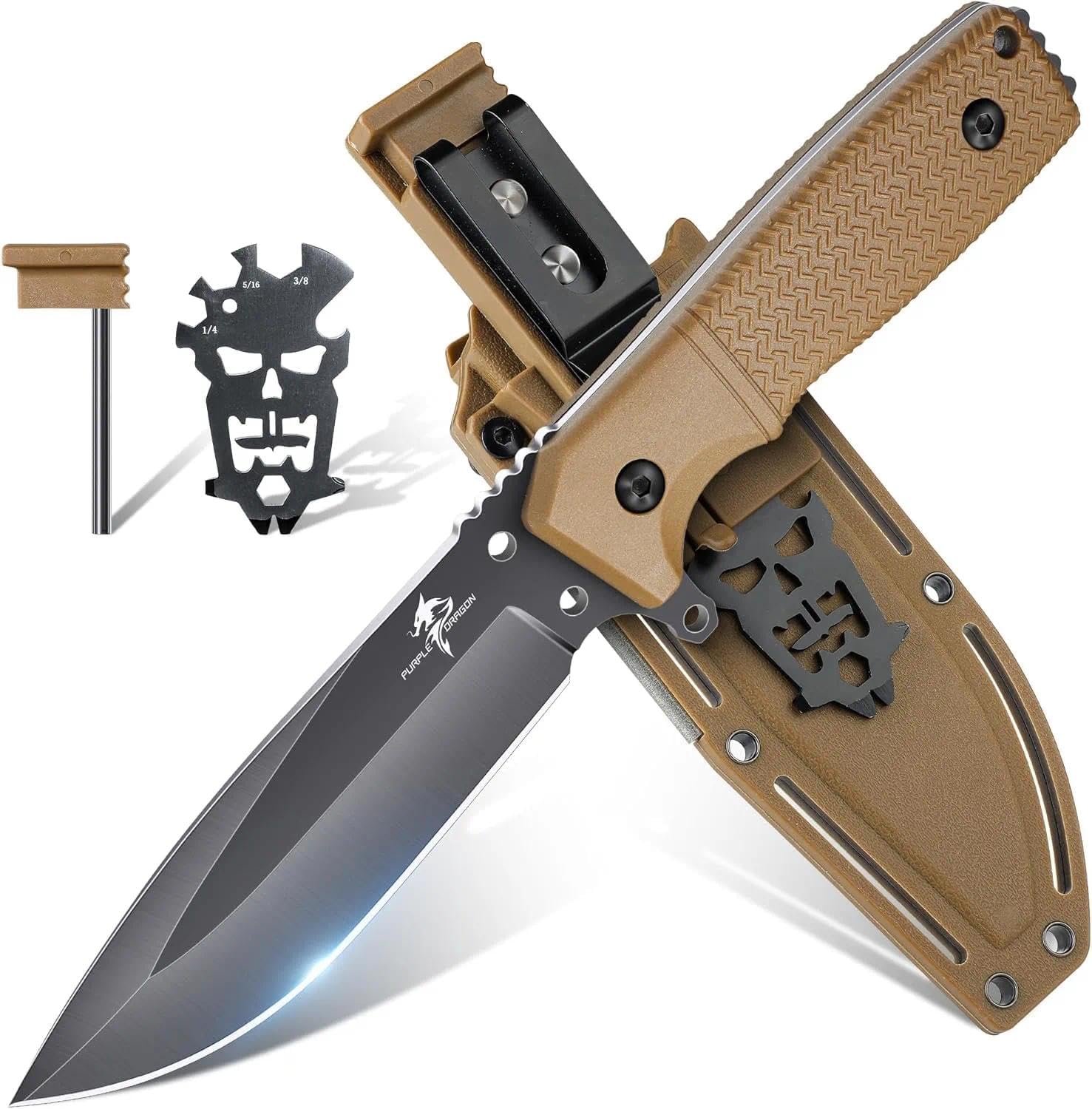 Purple Dragon Fixed Blade Knife with Kydex Sheath Khaki Knives for Camping, Gifts for Men