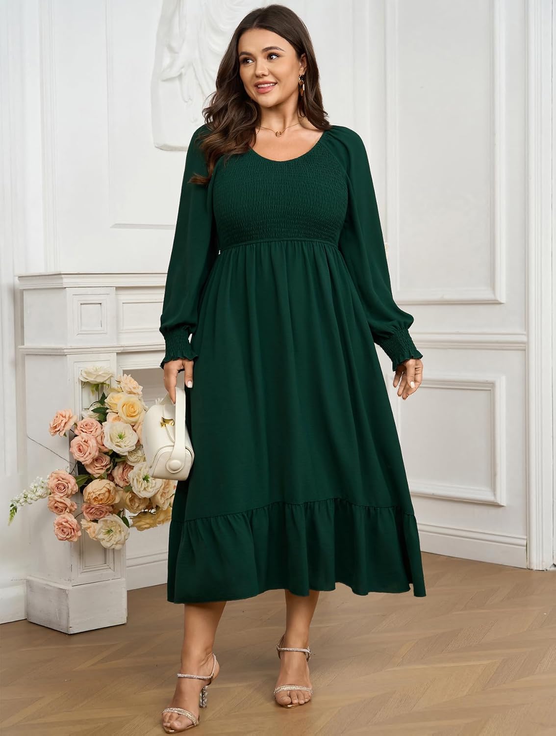 SCOMCHIC Women's Plus Size Maxi Dress Long Sleeve Square Neck Dress Casual Smocked Ruffle Swing Flowy Long Fall Dresses - Image 8