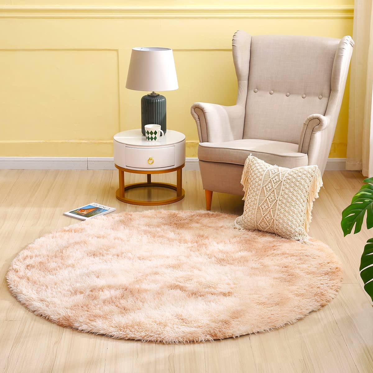 Tenekee Round Rugs for Bedrooms Fluffy Living Room Circle Area Rug Soft Shaggy Carpet for Kids Room Floor Mat (Khahi white, 120cm) - Image 3