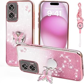for Motorola Moto Edge 50 Fusion 5G Phone Case,for Moto G96 Mobile Phone Case for Women and Girl, Glitter Butterfly Floral TPU Protective Cover with Kickstand+Strap for Edge 50 Fusion (Pink)