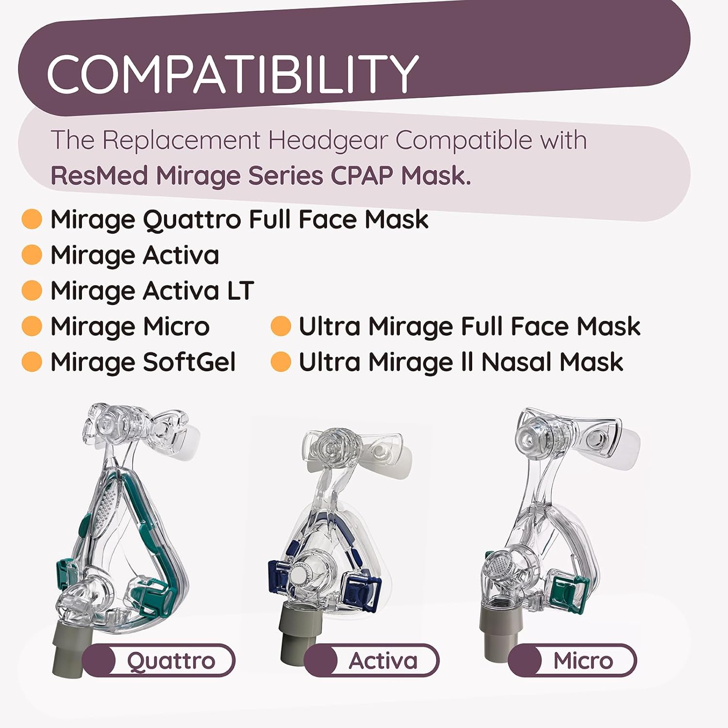 Quattro Air CPAP Headgear Strap Compatible with Resmed Mirage Quattro Frame Full Face Mask Adjustable C Pap Headband Replacement for Mirage - Medium/Standard