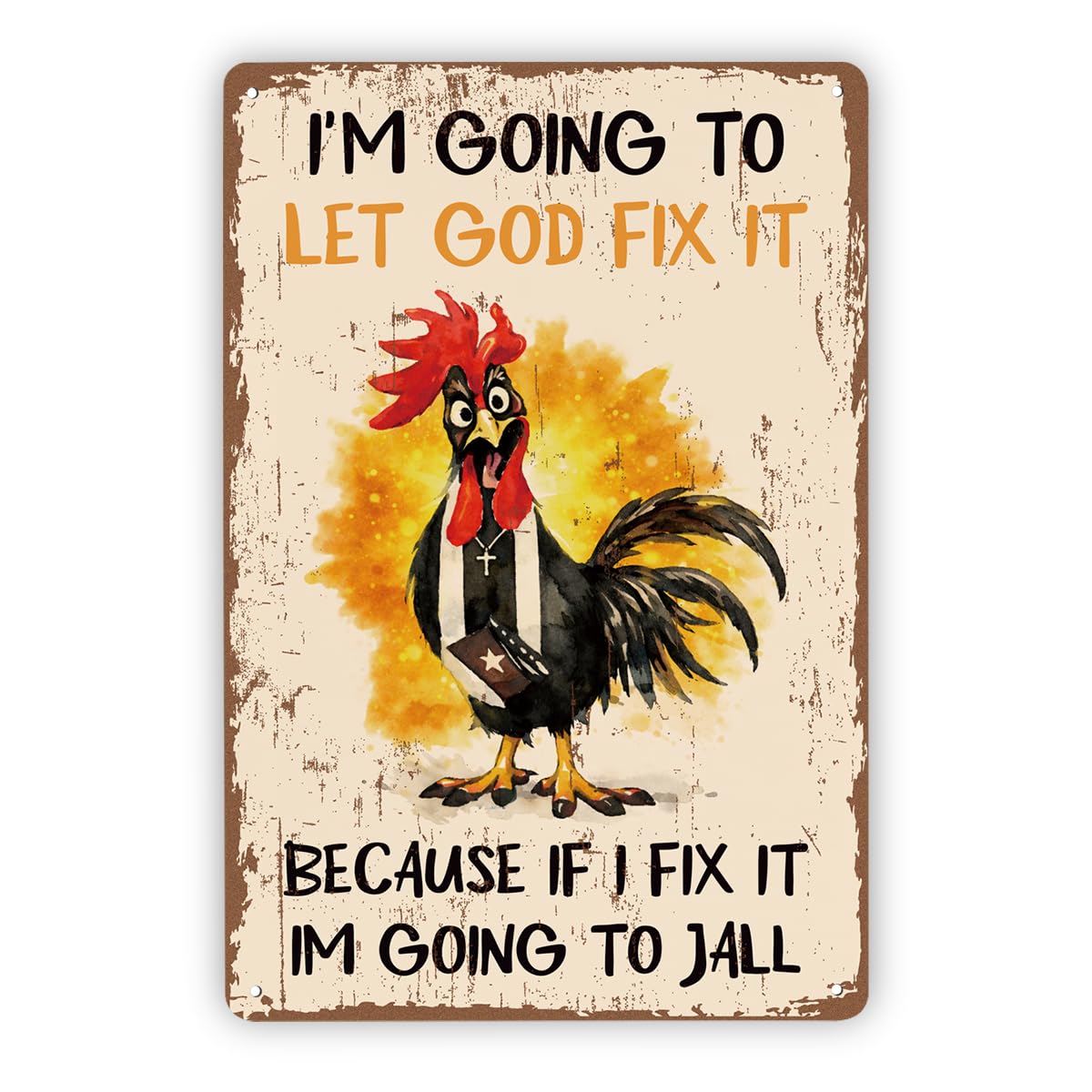 Rustic Metal Sign, Funny Rooster Prayer Tin Plaque, Christian Farmhouse Wall Decor, Vintage Religious Chicken Artwork, Country Coop Hanging Accent, Indoor Display Metal Tin Sign 8X12 Inch