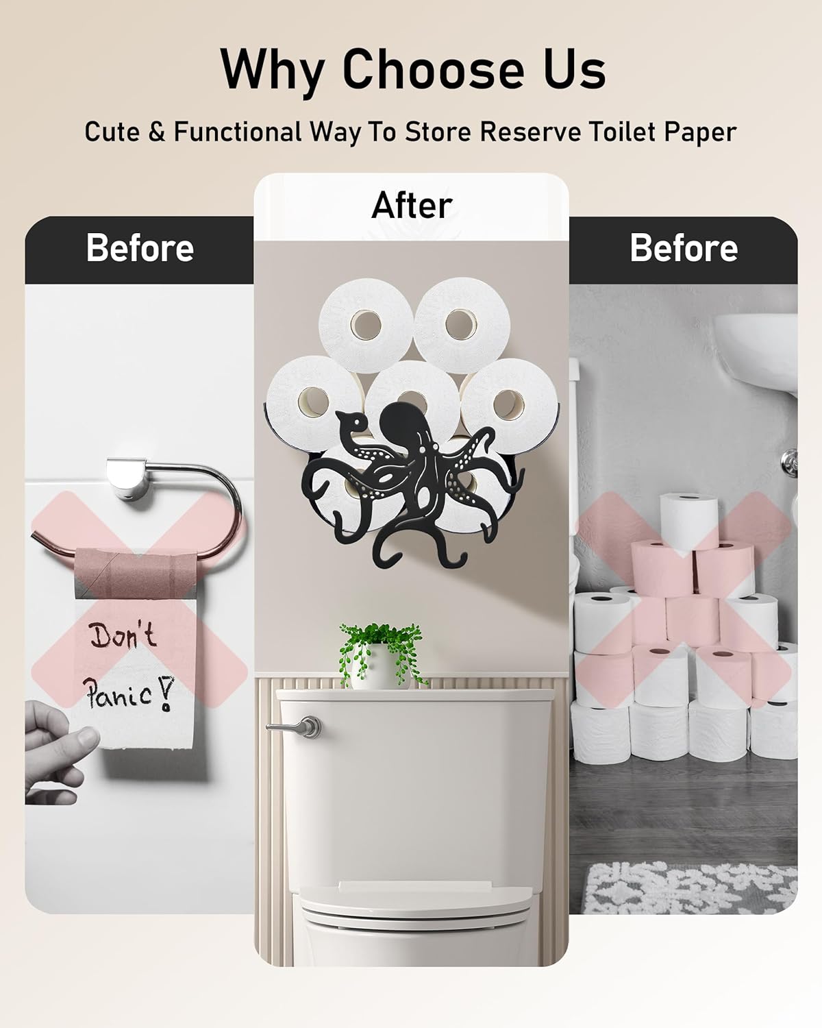 Octopus Toilet Paper Holder for Extra 8 Rolls, Funny Decorative Toilet Paper Storage Wall Mounted, Farmhouse Bathroom Animal Decor Accessoris Storage Cabinet