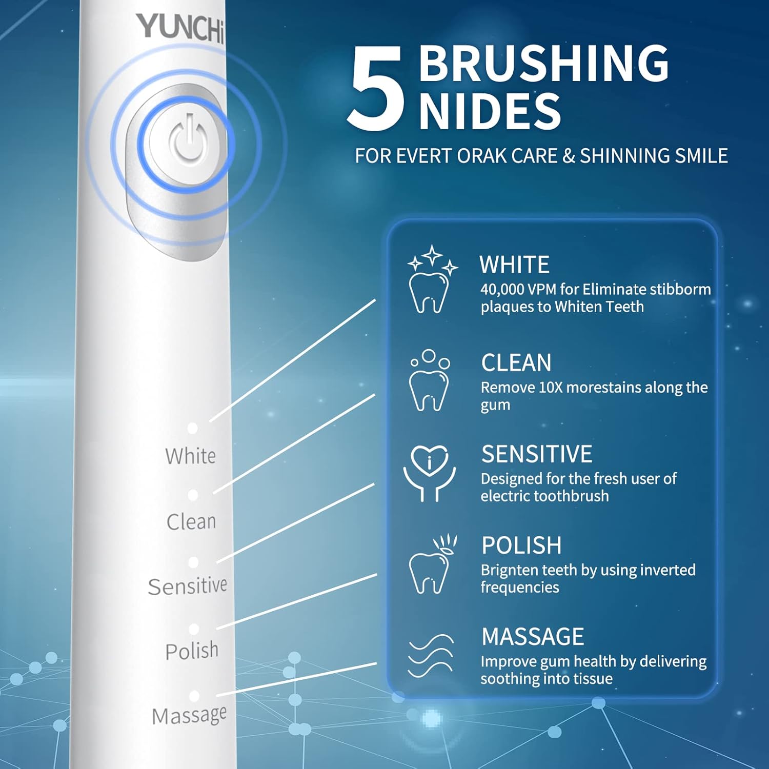 YUNCHI Sonic Electric Toothbrush Y2 displaying its 5 brushing modes