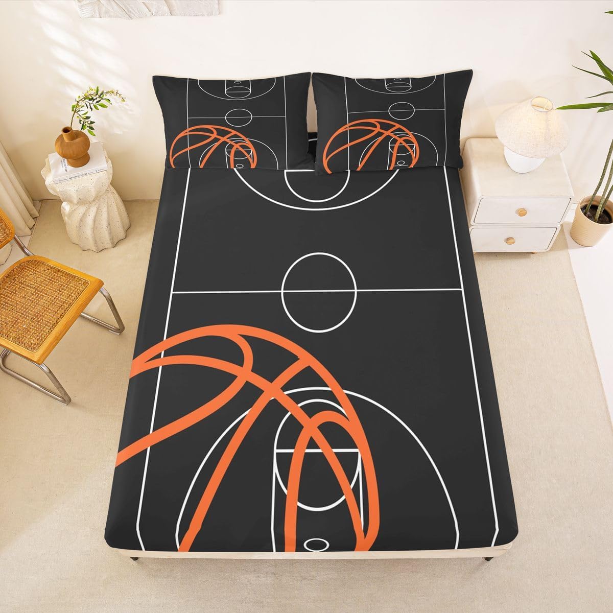 Castle Fairy Basketball Court Print Fitted Sheet,Ball Sports Games Themed Bed Cover All-Round Elastic Deep Pocket for Kids,Orange and Hoop Soft Microfiber Sheet(1 Fitted + 2 Pillowcases), Twin Size image 4