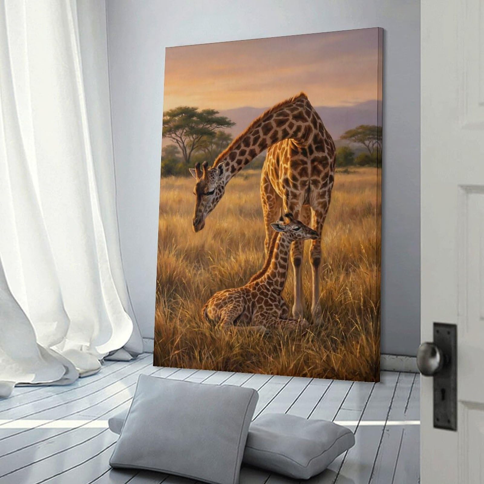 Junmoney Giraffe Mother And Calf in Savannah Wall Art Print, 24x36inch(60x90cm), for Entryway, Lounge Links Or Small Walls, Decorative Wall Art for Narrow Spaces