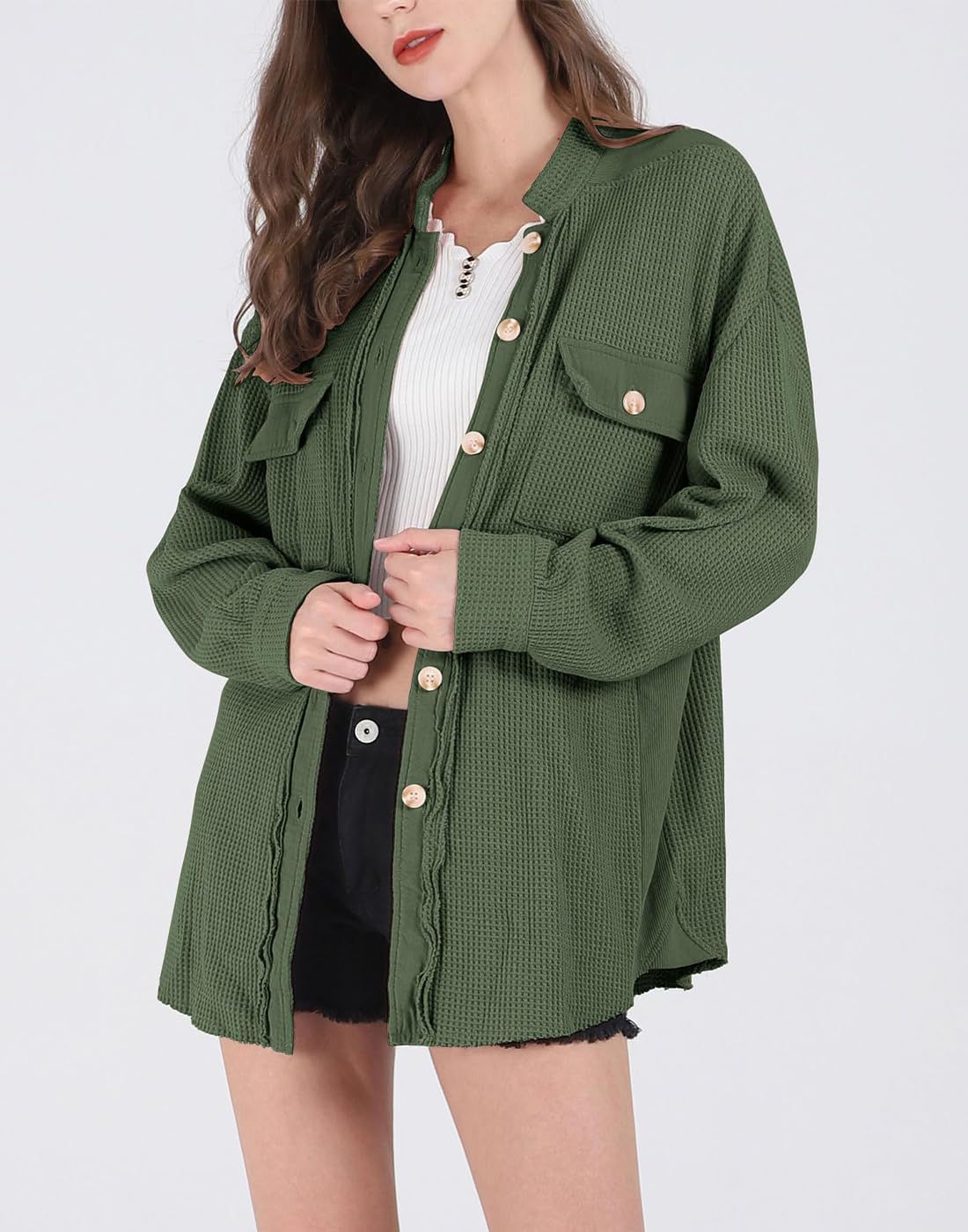 Womens Waffle Knit Shirt Button Down Long Sleeve Lightweight Slouchy Boyfriend Blouse Shacket Tops - Image 3