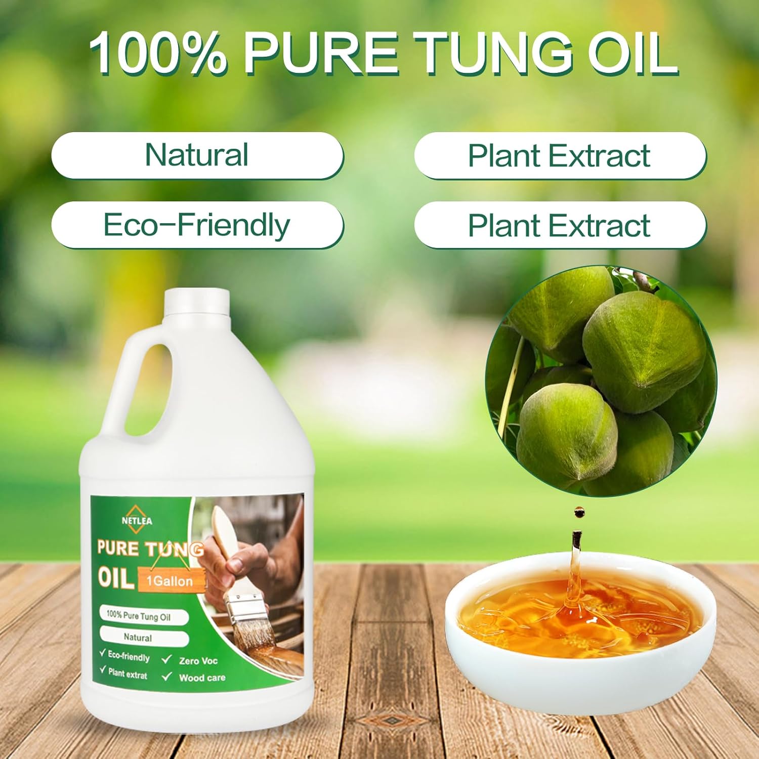 1Gallon 100% Pure Tung Oil for Wood Finishing - Food Safe for Countertops, Furniture & Floors - All-Natural Tung Oil Finish for Indoor & Outdoor Wood Surfaces