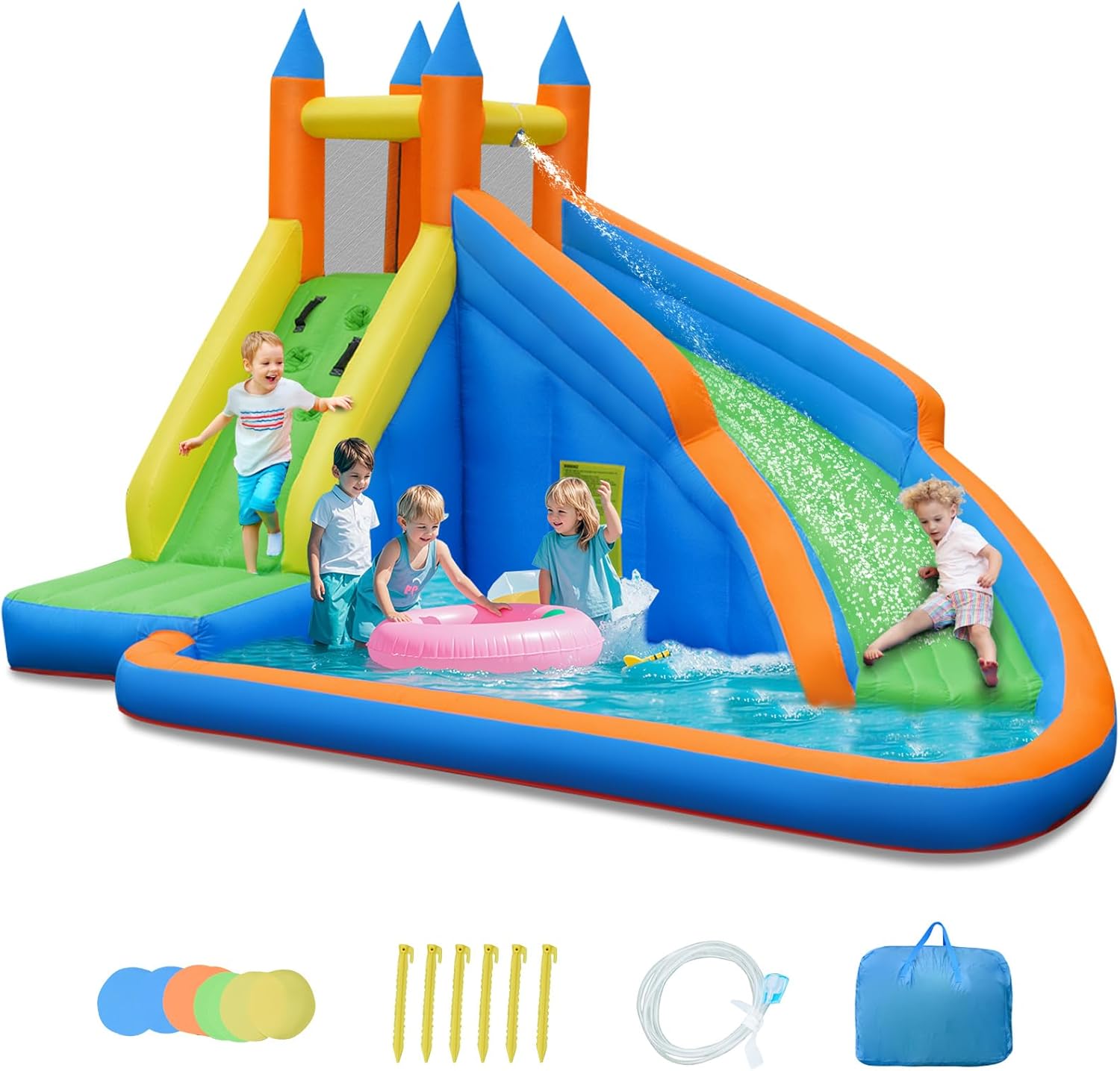 OLAKIDS Inflatable Water Slide, Kids Bounce House with Slide Climbing Wall Splash Pool, Outdoor Jumping Castle Inflatable Obstacle Course for Backyard with Carrying Bag Repairing Kit Stakes