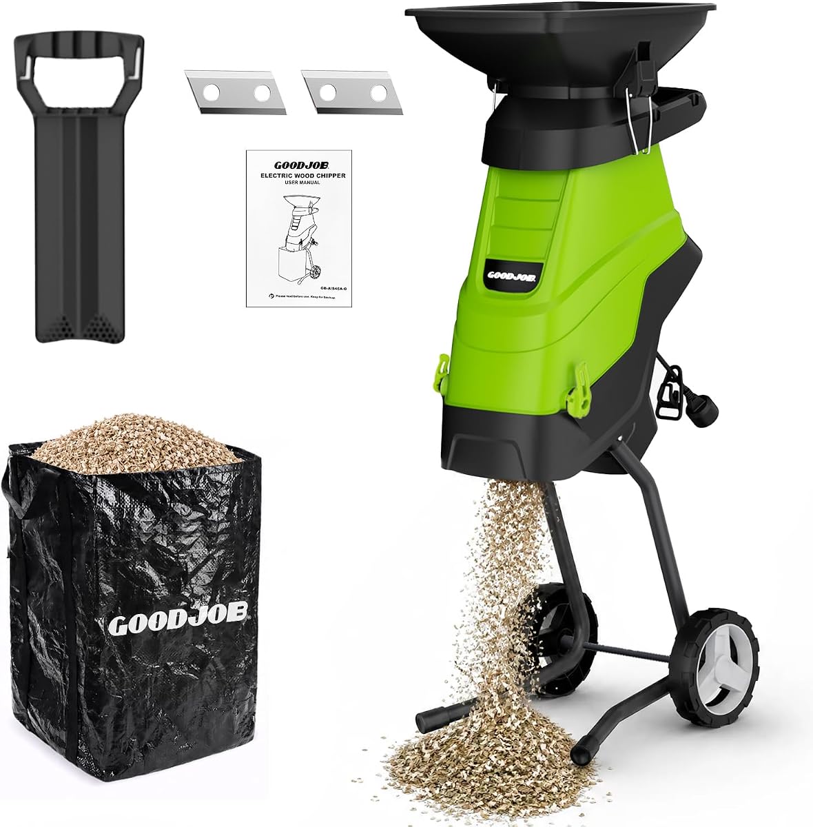 Electric Wood Chipper, 1.8 in Cutting Diameter Portable Yard Shredder | 15 Amp 4500 RPM with Hopper 15:1 Reduction Ratio SK5 Blades 45 L Bag Yard Tool for Composting Branches and Twigs