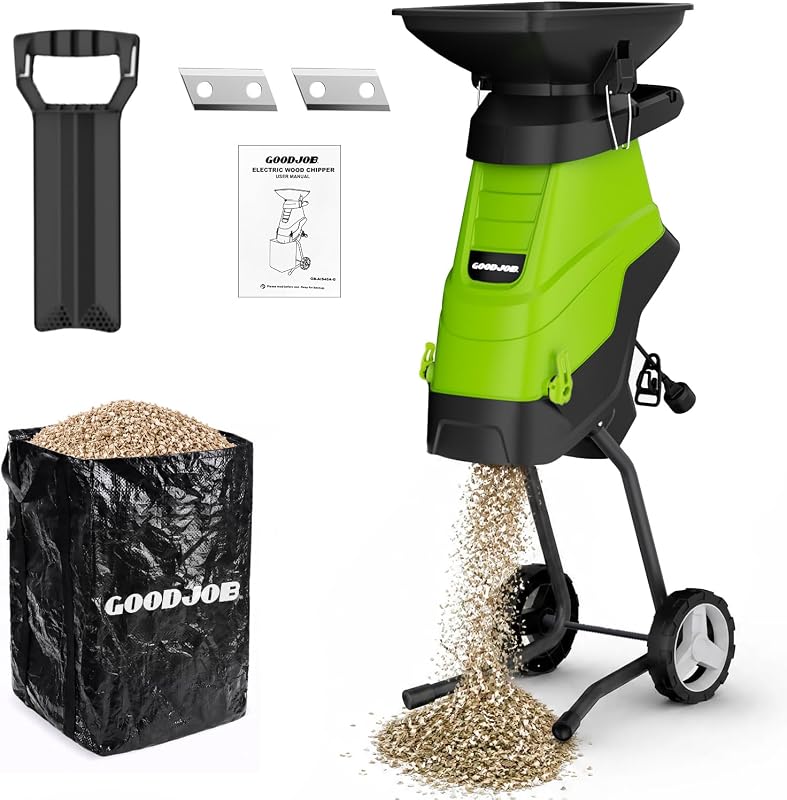 Electric Wood Chipper, 1.8 in Cutting Diameter Portable Yard Shredder | 15 Amp 4500 RPM with Hopper 15:1 Reduction Ratio SK5 Blades 45 L Bag Yard Tool for Composting Branches and Twigs