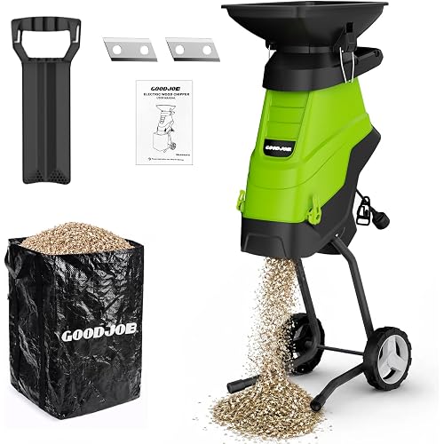 Electric Wood Chipper, 1.8 in Cutting Diameter Portable Yard Shredder | 15 Amp 4500 RPM with Hopper 15:1 Reduction Ratio SK5 Blades 45 L Bag Yard Tool for Composting Branches and Twigs