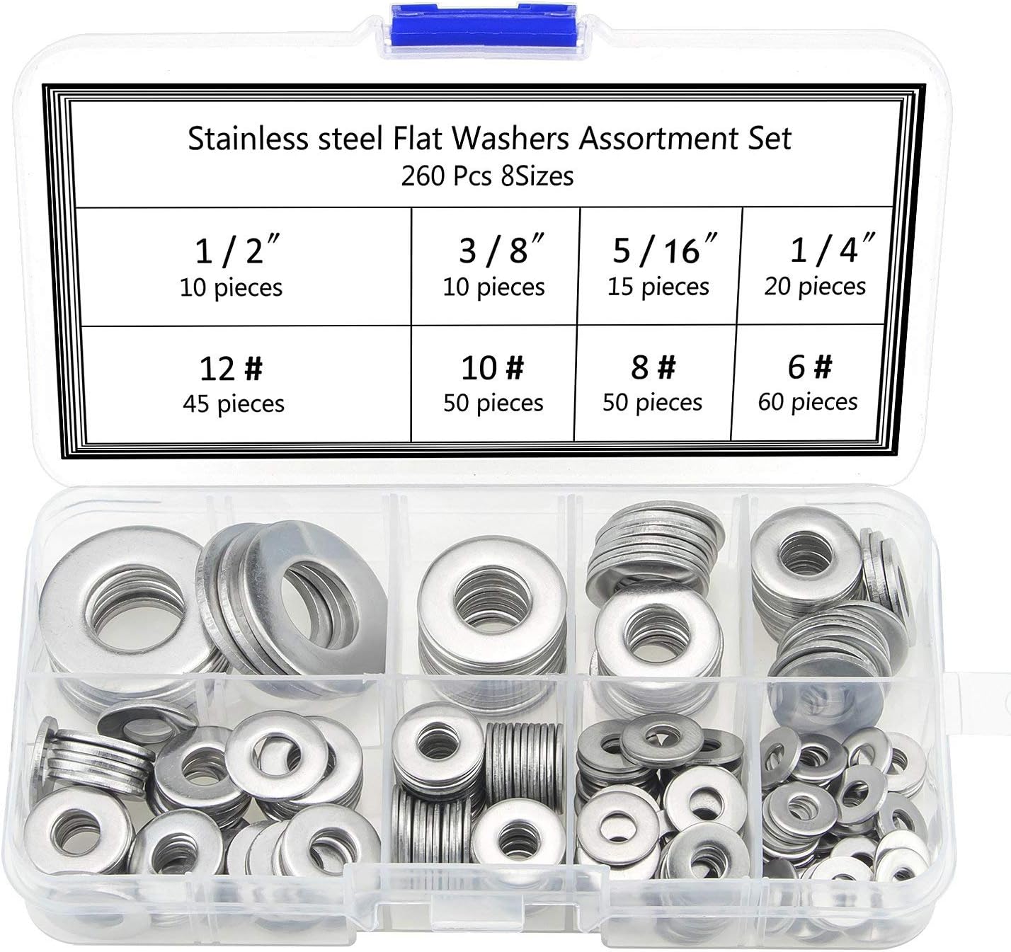 Pingranso 260Pcs 7 Sizes Stainless Steel Flat Washers, 1/2 3/8 5/16 1/4 12# 10# 8# 6# Hardware Gasket Assortment Kit