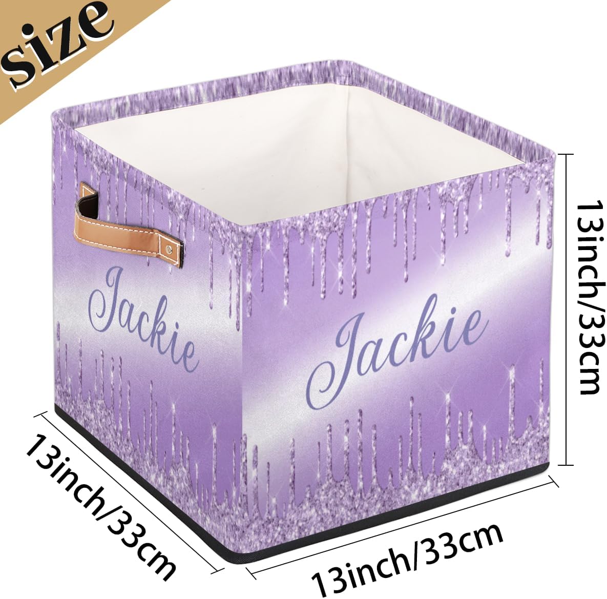 Custom Storage Baskets Personalized Storage Bins Basket Boxes with PU Leather Handles for Clothes Bedroom Closet Organizing Toys Books Shelves Storage Boxes-Purple Dripping Glitter