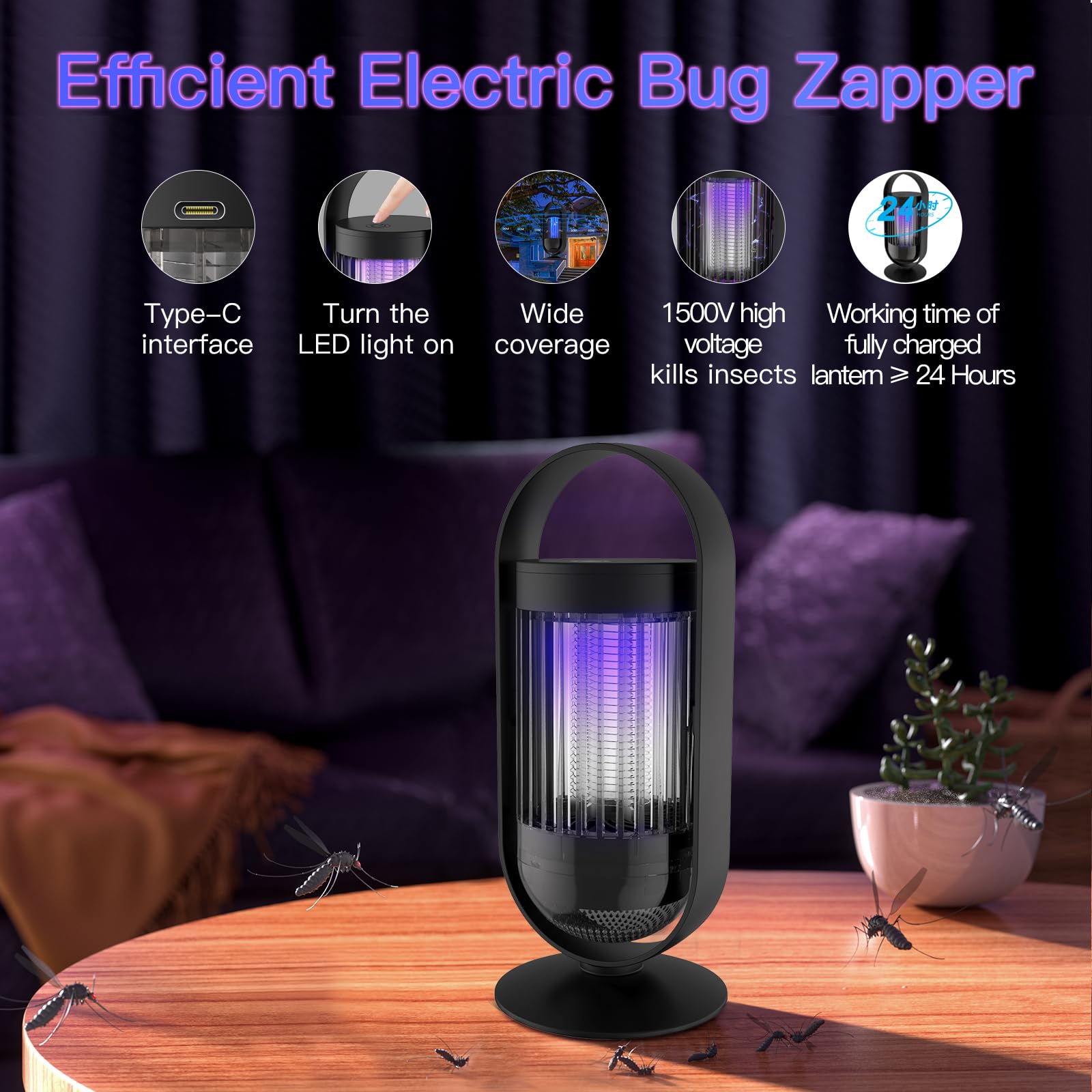 CASACASA Zapper Outdoor, Inhalation Mosquito Zapper Outdoor Indoor with LED Light, Mosquito Zapper Rechargeable Fly Killer, Flying Insects Zapper Outdoor Up to 1500V, ABS Plastic Outer (Black)