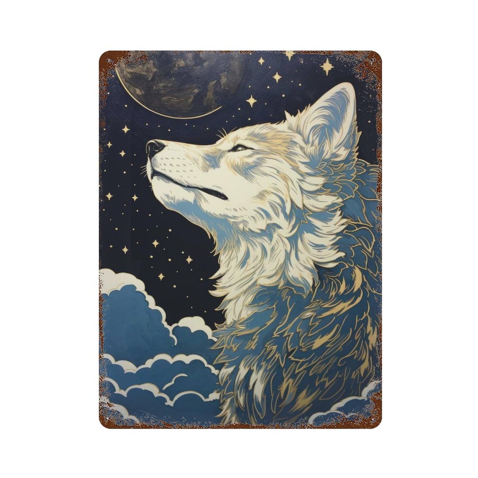 Wolf in Moonlight Rusty Metal Tin Sign 15.7"x11.8", for Pub, Kitchen And Man Cave Decor, Farmhouse Wall Decor