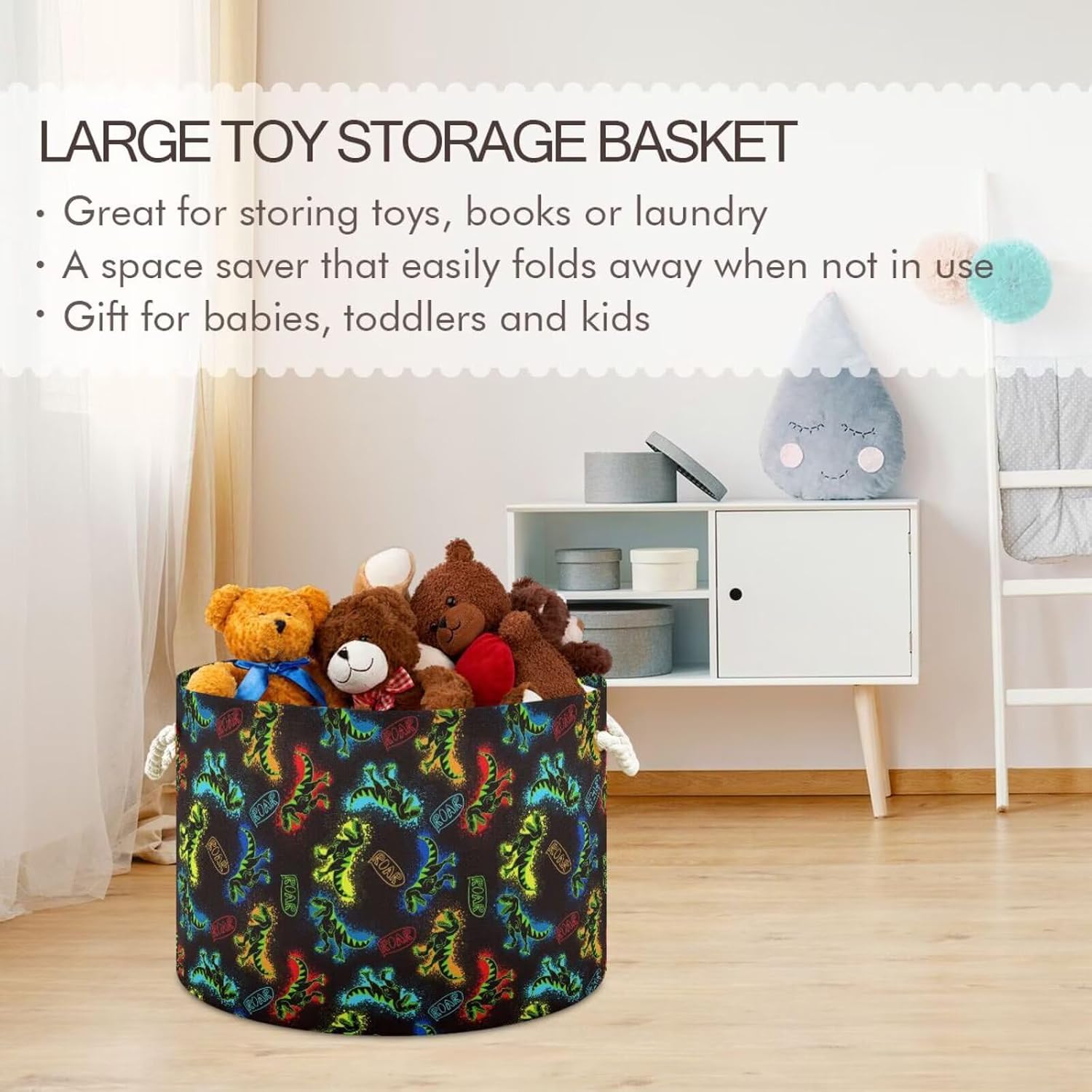 Dinosaur Print Round Storage Basket Colorful Silhouette Dinosaur Large Laundry Hamper 20" x 20" x 14" Organizer Bin with Cotton Rope Handles Clothes Storage Bag for Nursery Bedroom Living Room Decor