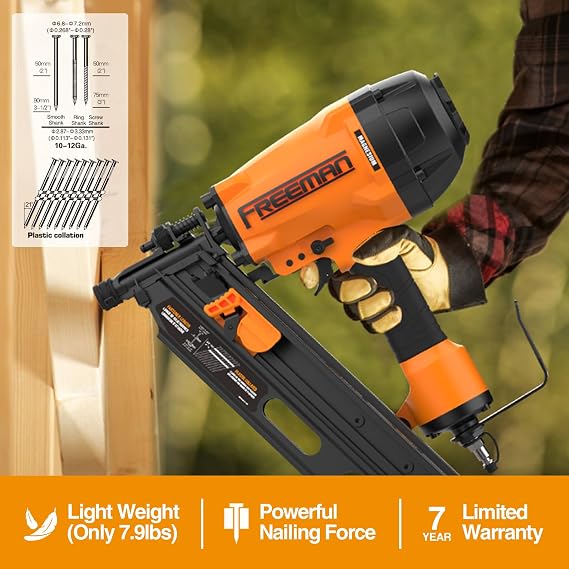 Freeman 2nd Generation Pneumatic 21 3-1/2 Framing Nailer | G2FR2190 | Framing, Subfloors, Roof Decking, Pallet and Shipping Crate Assembly, Wood Fencing