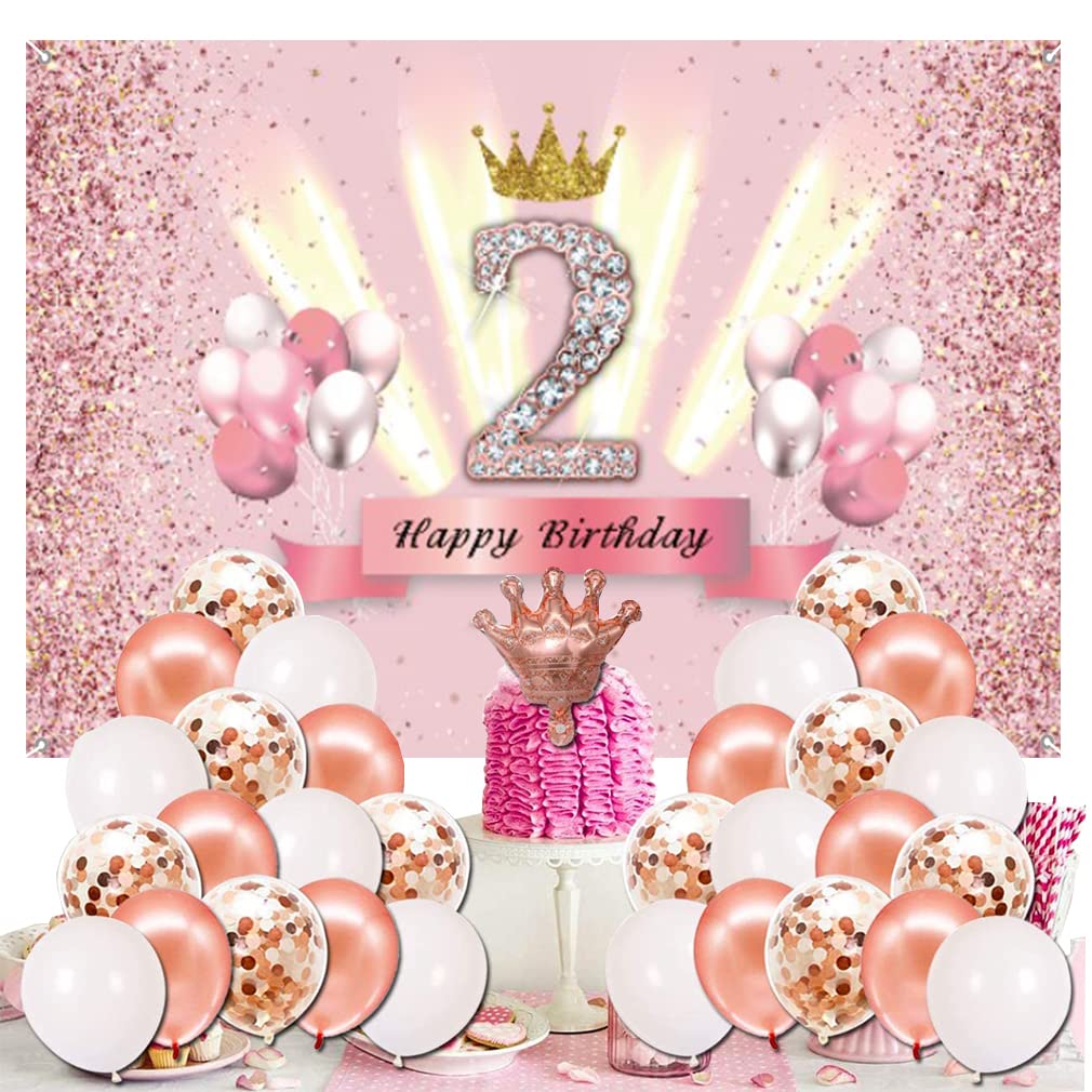 Decorazione Per 2° Compleanno Ragazza - Poster In Tessuto Con Corona Rosa E Oro, Sfondo Banner 150x90 Cm Per Festa, Forniture Da Tavolo