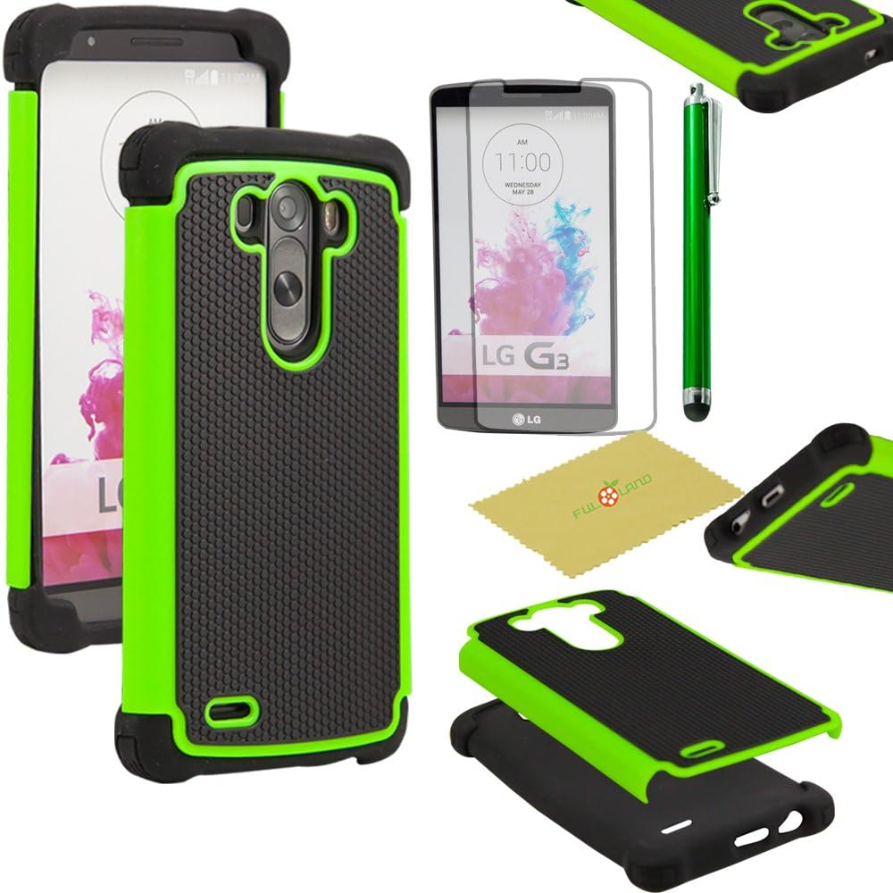 LG G3 Case, Fulland Deluxe Hybrid TUFF Rugged Shockproof Rubber + Hard Case Cover For LG G3 Plus Stylus Pen and Screen Protector-Green