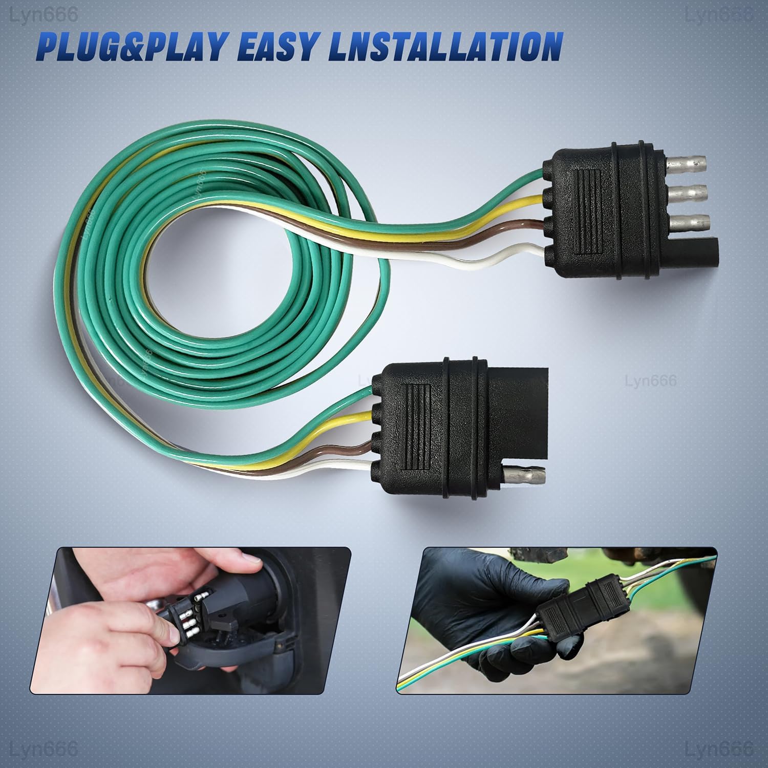 Trailer Wire Extension 4-Way 4 Pin Plug 4 Wire 4-Flat Connector with Male & Female Plug 18 AWG 37 inch Hitch Light Trailer Wiring Harness Extender