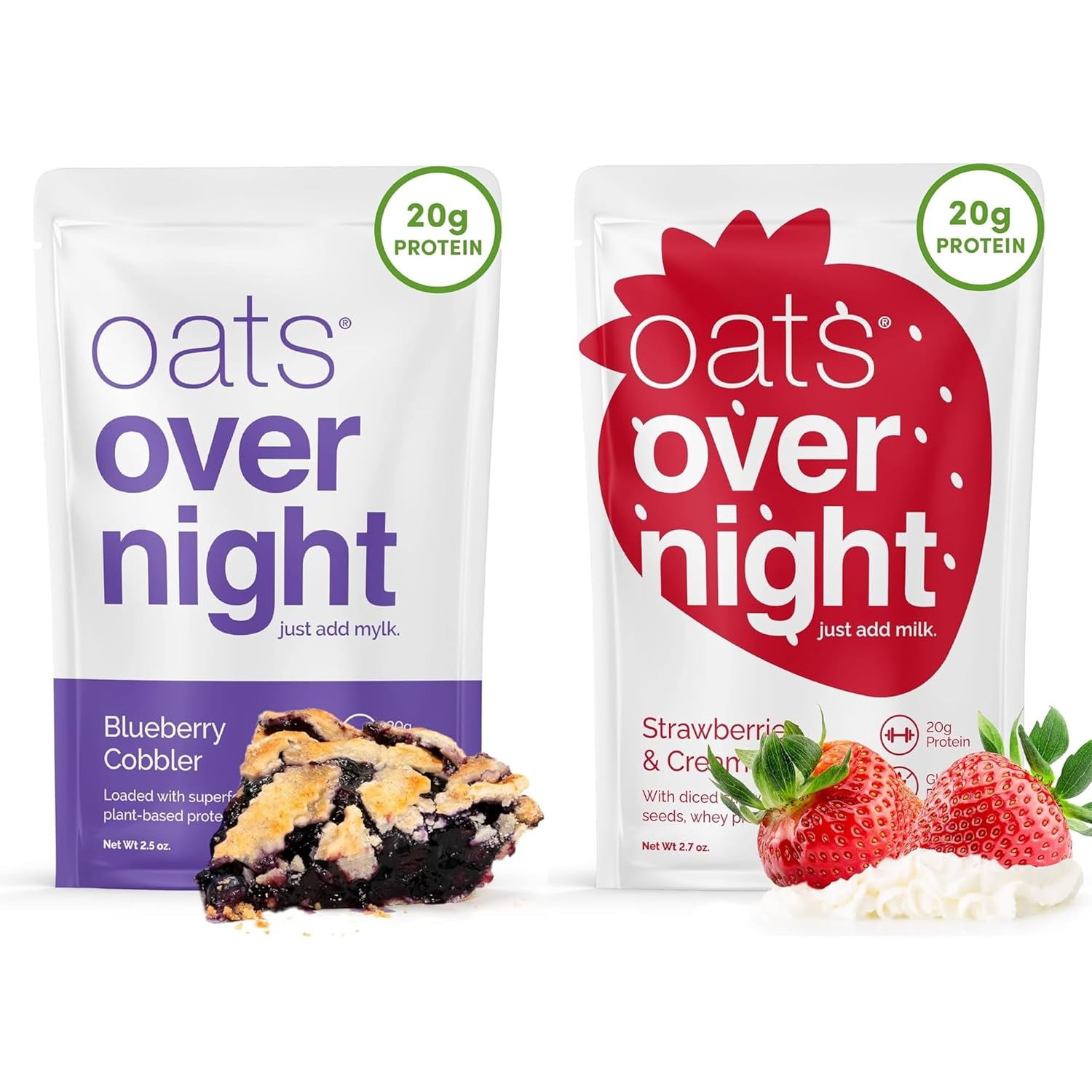 Oats Overnight Blueberry Cobbler 8 Pack & Strawberries & Cream 8 Pack - 20g Protein, High Fiber Breakfast Shake - Gluten Free, Non GMO Oatmeal