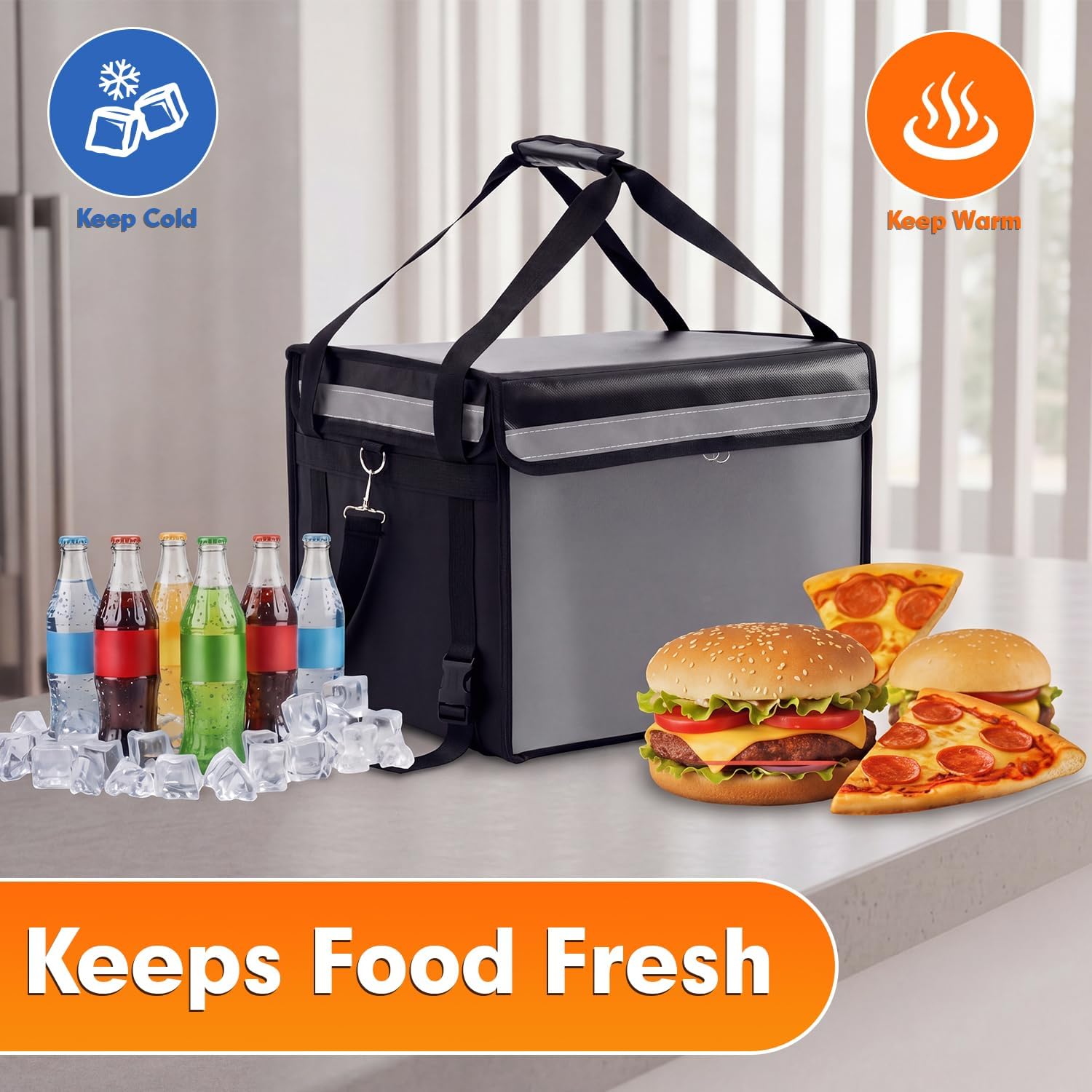 Large Insulated Food Delivery Bag Set with Internal Frame, Carry Rack for Bike, Motorcycle, 20x20'' Pizza Delivery Bag, Drink Carrier with Hard Bottom for Commercial Catering Grocery Deliver