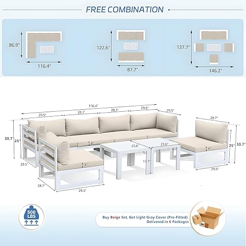 Miniatura 959 de NICESOUL 7 Piece White Powder-Coated Aluminum Patio Furniture with Fire Pit Table, 29 Inch Extra Wide Outdoor Sectional Sofa for 6, High-End Heavy