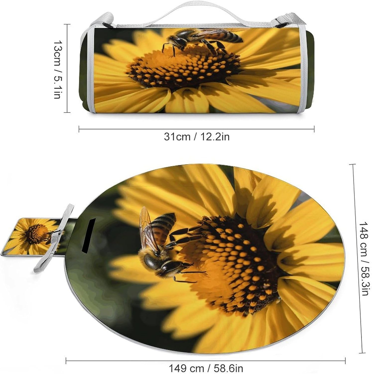 Yellow Flower with Black Bee Picnic Mat Lightweight Waterproof Picnic Blankets Extra Large Picnic Outdoor Blankets Foldable Sandproof Beach Blanket for Park Beach Camping Courtyard 58.3''x58.3''