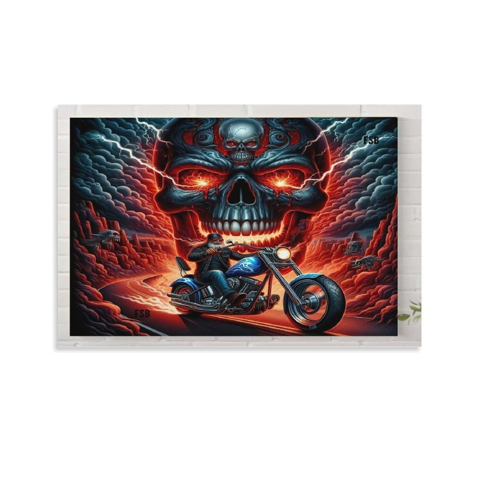 CPLVKWRQJ Skull Motorcycle Art Individual Fire Skull Biker Lightning Rocky Tunnel Art Wall Art Decor - Kitchen Removable Canvas Wall Art Multi-Purpose Focal Point 20x30inch(50x75cm)