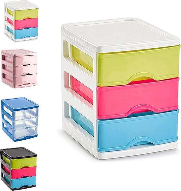Plastic 3 Drawers Desktop Storage Unit with Drawers, Stationary Arts Drawer Desktop Tabletop Organiser Storage Tower Unit for Office Bedroom Garage (17 x 13.5 x 17cm, White With Multicolor Drawers)