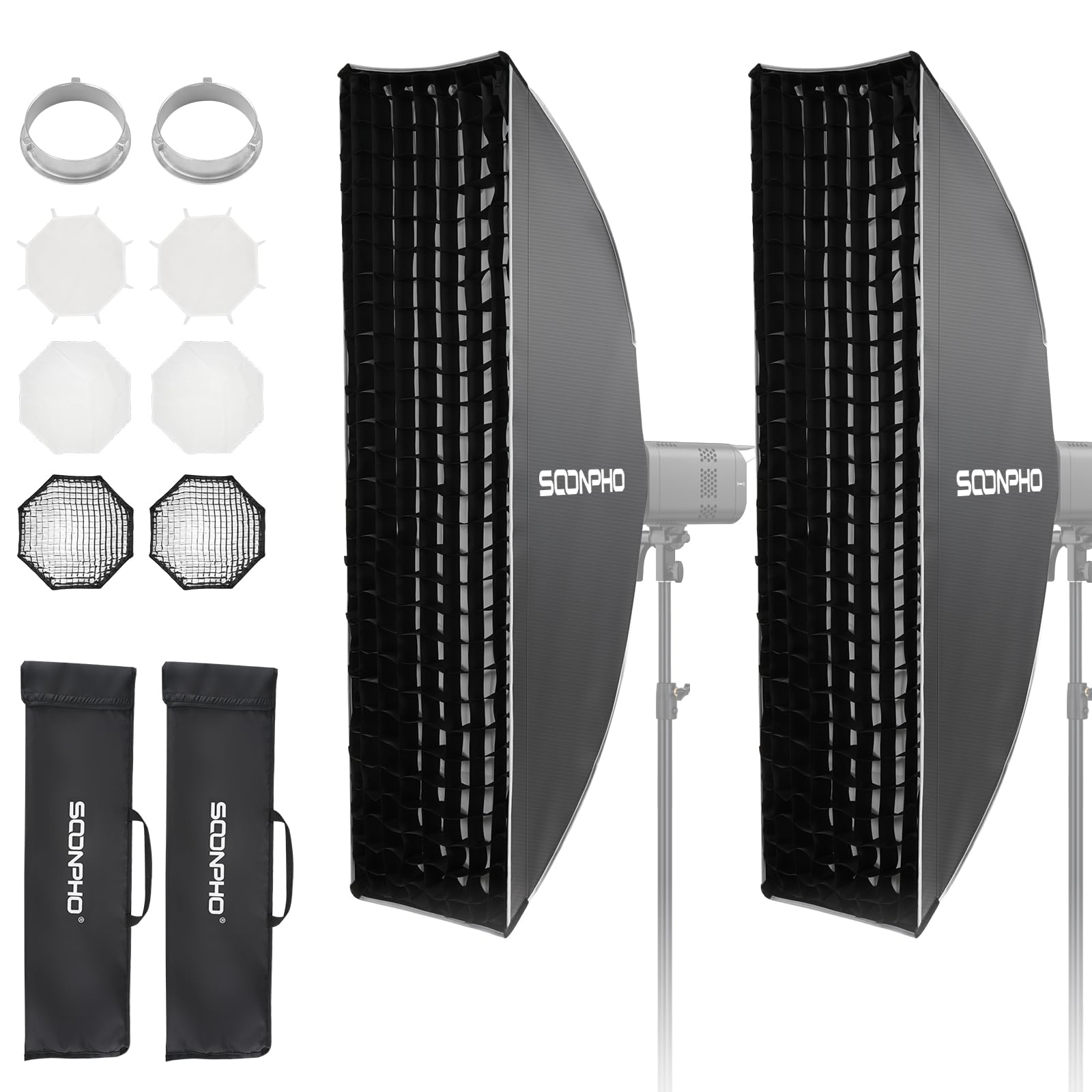 Soonpho 2 Pack 12x47/30x120cm Strip Softbox with Honeycomb Grid & Diffusers, Quick Release Bowens Mount Softbox for Godox SL60W SL60IID, SL60IIBI, for Neewer CB60B FS150B CB100C, for Amaran 200x S