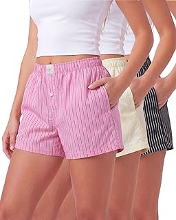 3 Pack Women's Cotton Pajama Shorts Boxer Lounge Sleepwear PJs with Pockets | Soft Breathable Woven Blend, Button Front Elastic Waist, Summer Vacation Cute Trendy, Baggy Comfy Loose Mid Thigh