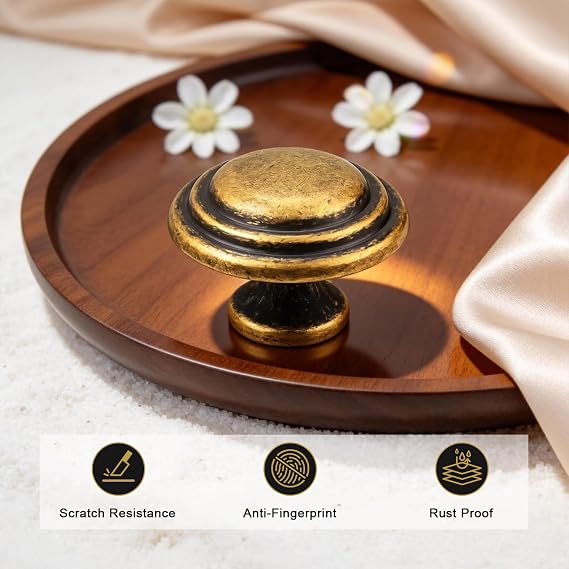 Gobrico 5 Pack 1-3/8 Inch Round Cabinet Knobs Antique Brass Top Ring Handles Bifold Kitchen Wardrobe Drawer Pulls