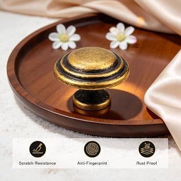 Gobrico 5 Pack 1-3/8 Inch Round Cabinet Knobs Antique Brass Top Ring Handles Bifold Kitchen Wardrobe Drawer Pulls