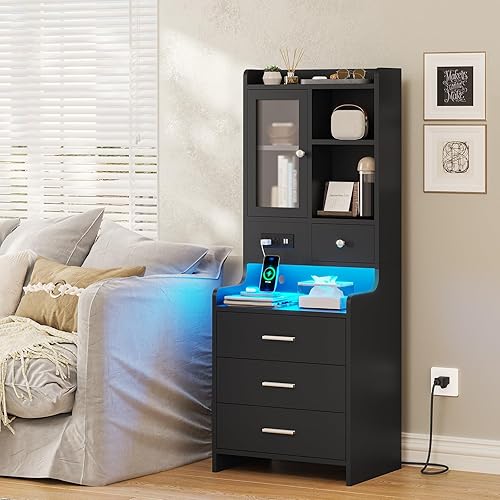 Miniatura 6 de ADORNEVE Juego de 2 mesitas de noche negras con estación de carga, mesita de noche LED de 49.2 pulgadas para dormitorio, mesita de noche alta con