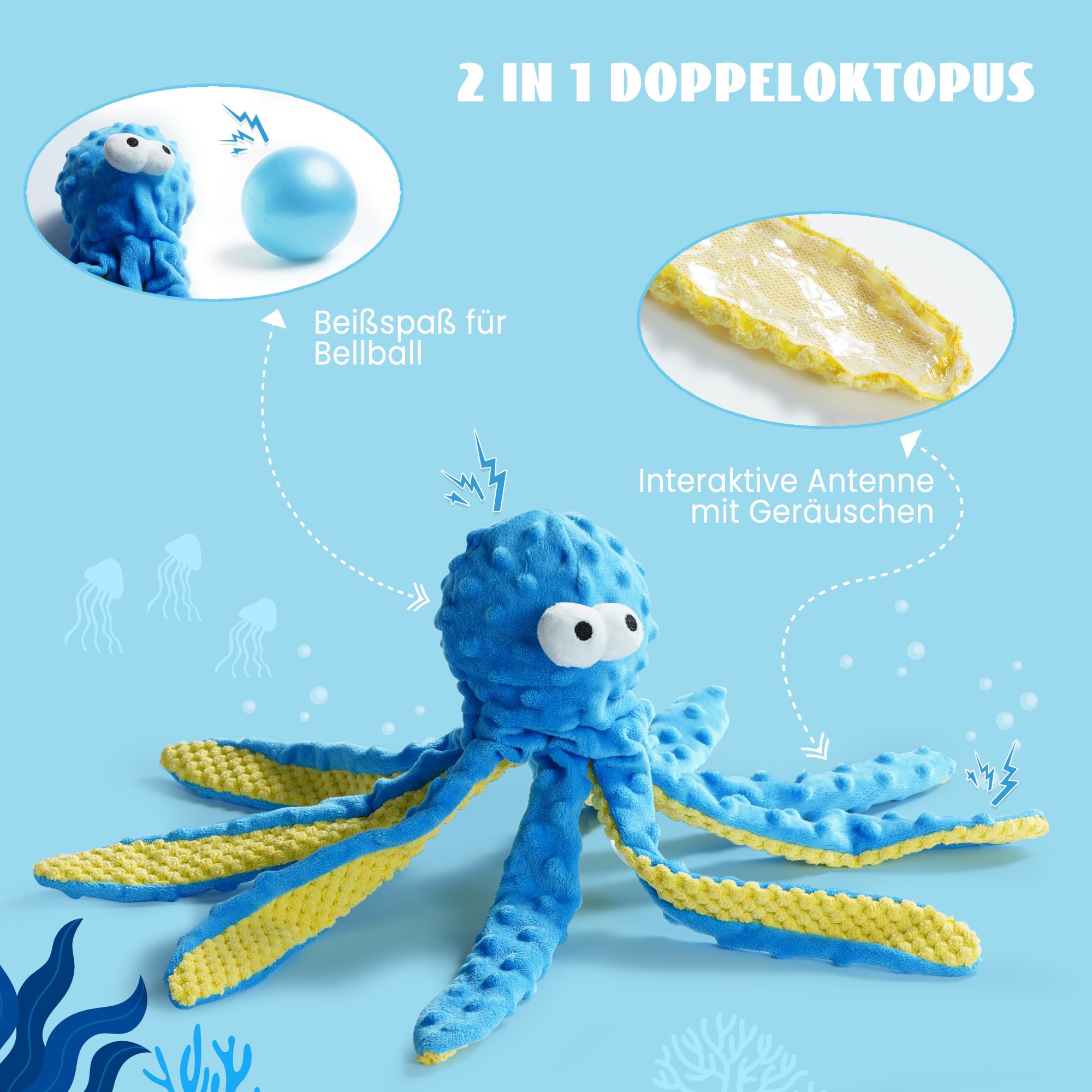 Nocciola Quietsch-Hundespielzeug, Blauer Oktopus, gefüllter Ozean-Thema, interaktives Hundespielzeug geeignet für kleine, mittlere und große Hunde, langlebig für Aggressive Oktopus-Cheers