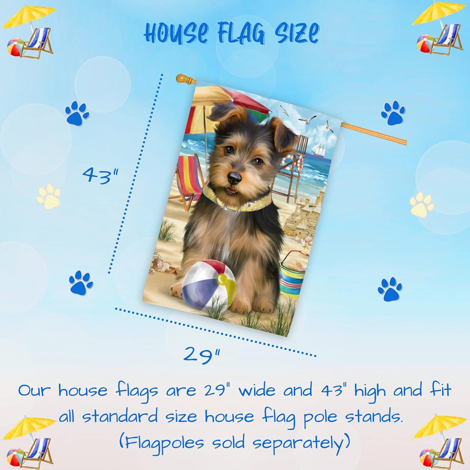 Pet Friendly Beach Australian Terrier Dog House Flag - Outdoor Double Sided Pet Portrait Weather Resistant Premium Quality Home Decorative Flags - 100% Polyester 29"w x 43"h, HFLG52878
